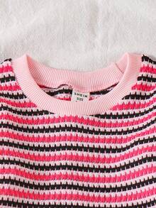 SHEIN Vintaside Kids 2pcs Baby Girl Spring/Autumn Black & White Striped Knit Top + Casual Pants Set