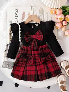 SHEIN Playful Pals 女婴休闲学院风条纹蝴蝶结装饰荷叶边长袖 T 恤和裙子套装，春秋 - 彩色 - 查看 3