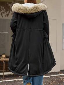 Easura Abrigo largo de invierno para mujer talla grande con mangas largas, capucha y cuello de piel desmontable, y bajo asimétrico