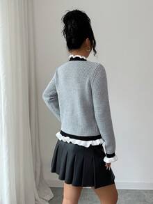 SHEIN Elenzya Blusa de malha feminina elegante e moderna com acabamento em renda e manga comprida - Cinza - Ver 2