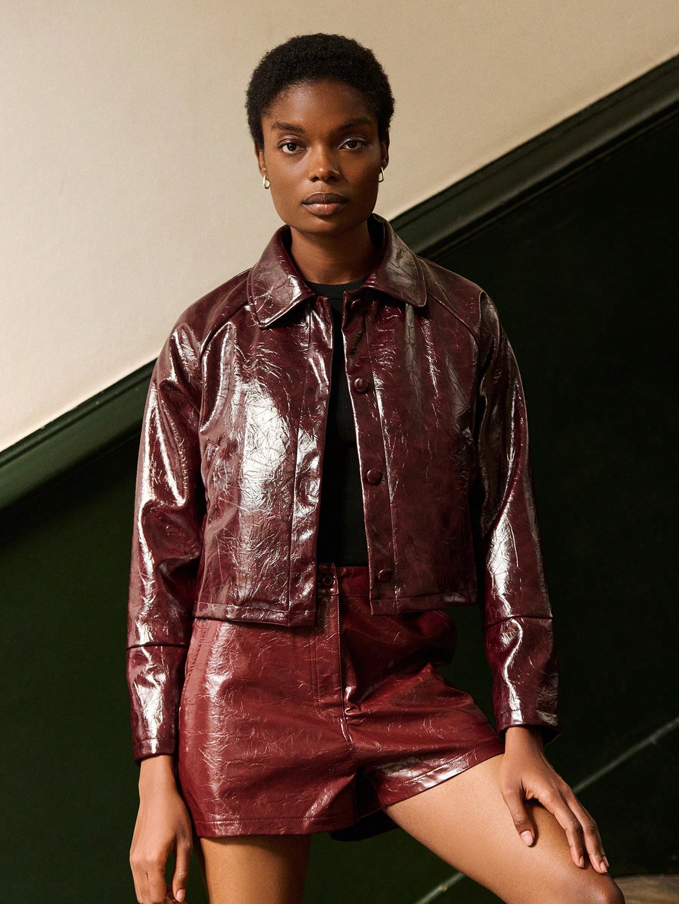 Burgundy Faux Leather Cropped Jacket With Glossy Finish Rounded Collar And Long Sleeves Vintage Style Spring Summer Premium Jacket Going Out Outfits Night Out Outfits French Style Parisian Style