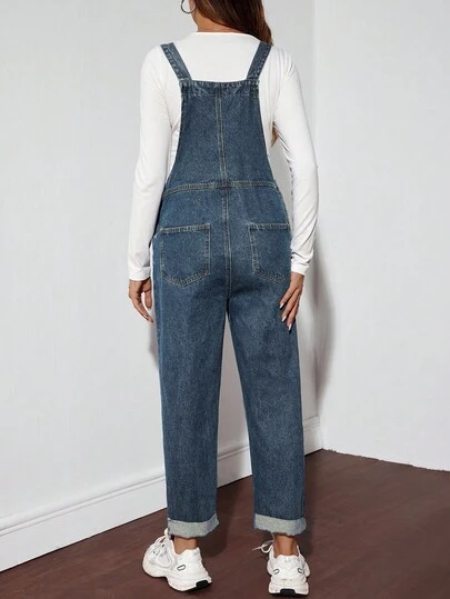 SHEIN Quần yếm denim và áo liền quần bà bầu, quần yếm rộng rãi màu xanh dương