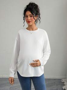 Momance Maternity Loose Fit Round Neck Long Sleeve White Sweatshirt