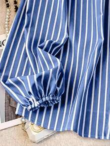 Linhara Plus Size Women's French Striped Puff Sleeve Round Neck Metal Button Shirt - Blue - View 4