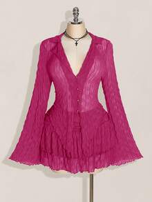 SHEIN ICON PLUS 生菜边不对称下摆透视上衣（不含胸罩）加大码，双层蛋糕裙两件套，适合秋季 - 玫紅色 - 查看 8