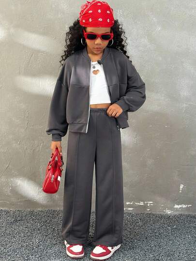 Coolane Kids 2 件套青少年女孩休闲灰色棒球夹克，带拉链领和裤子，秋季