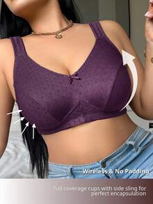DesireSculpt 1pc Plus Size Women's Solid Color Elegant Comfortable Soft Jacquard Bow Decor Soft Sponge Adjustable Strap Wireless Bra - Maroon - View 4