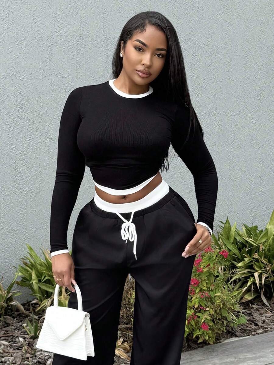 Alexandranx 撞色修身长袖上衣休闲度假机场假日可爱秋季返校秋冬 - 黑色 - 查看 1