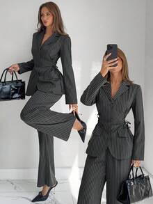 Siren Gaze 女士秋冬梭织条纹修身西装套装 - 灰色 - 查看 1