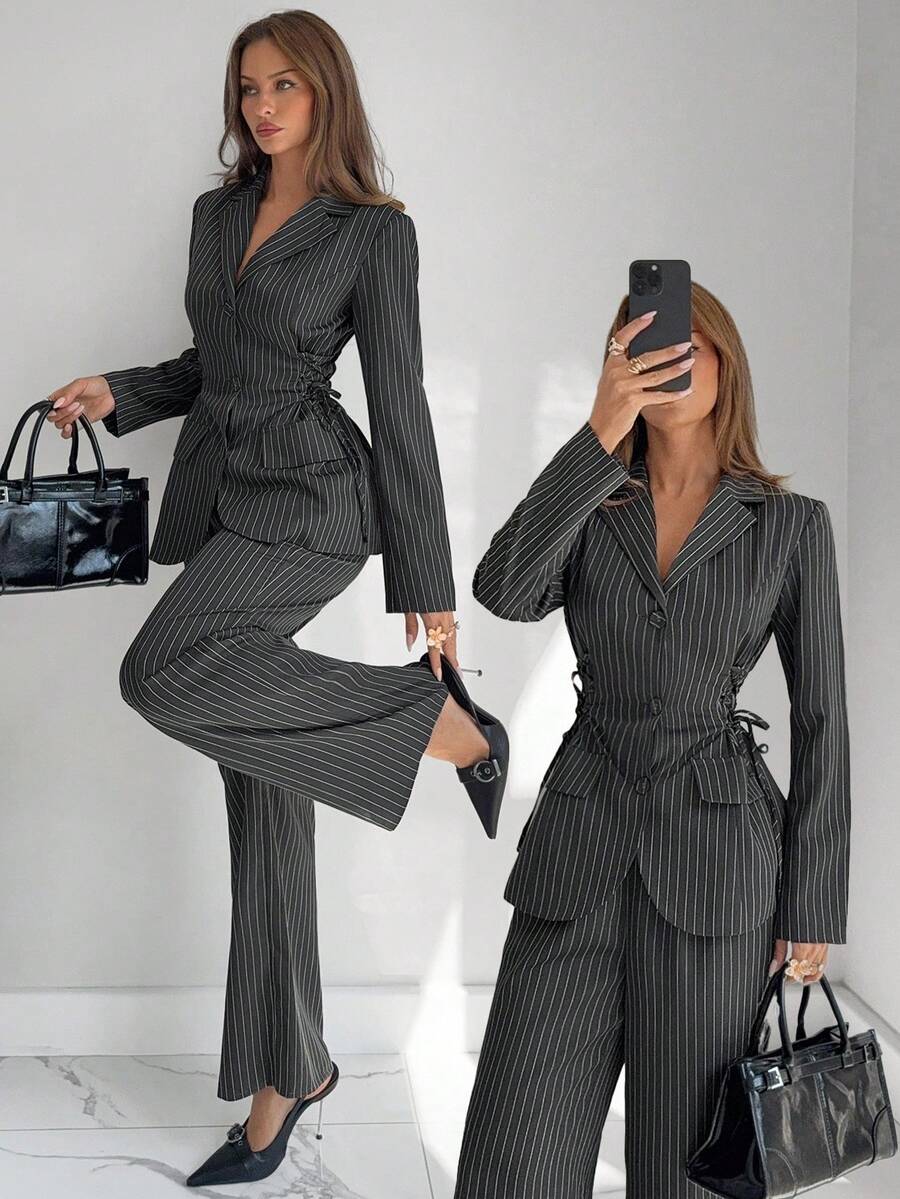 Siren Gaze 女士秋冬梭织条纹修身西装套装 - 灰色 - 查看 1