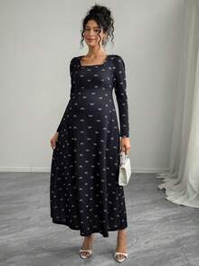 Momance Maternity A-Line Dress With Butterfly Print Patchwork Waist - Black - View 4