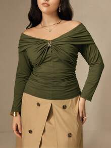 SHEIN Clasi Plus Size Women's Knit Regular Autumn/Winter Off Shoulder Simple Casual Metal Decor Button Long Sleeve Green T-Shirt - Green - View 1