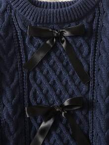 SHEIN 少女圆领麻花针织套头毛衣，海军蓝，休闲百搭，适合秋冬 - 藏蓝色 - 查看 5