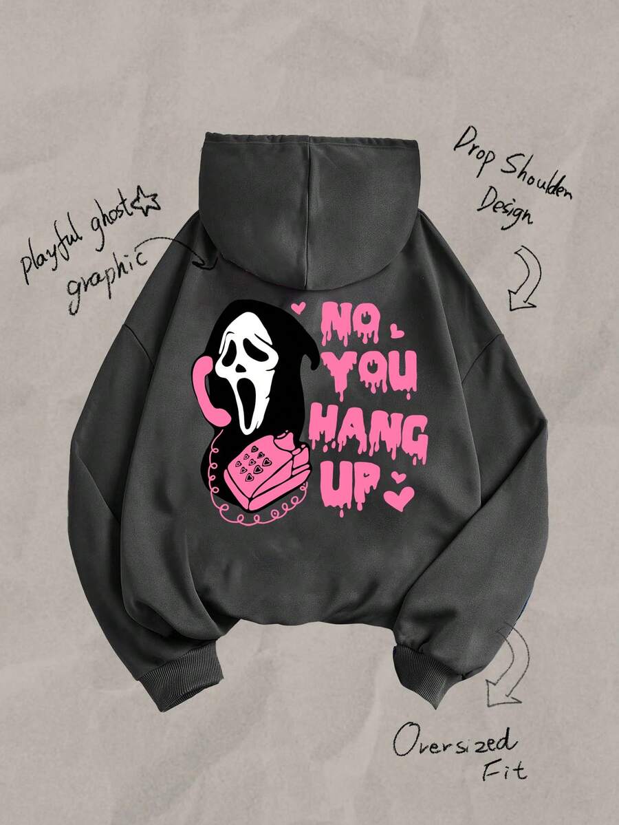 Tseoso Casual Loose Fit Dark Grey Sweatshirt Halloween Pink Letter Mask Ghost Graphic Print Loose Fit Plus Size Hoodie, Suitable For Fall/Winter, Halloween, Skull, Bones, Ghost, Pumpkin, Party, Trick Or Treat Hoodies Y2k Cute Hoodies Custom Hoodie Kpop Clothes Hoodies Graphic