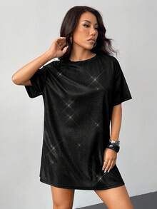 SHEIN PETITE 银色落肩闪光演唱会服装T恤连衣裙 - 黑色 - 查看 10