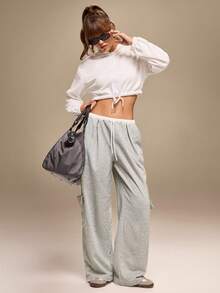 Hanevo Autumn/Winter Back To School Casual College Style Contrast Color Cinched Waist Pockets Wide Leg Pants - Grey - View 1