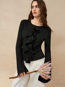 Cévolie 优雅法式黑色荷叶边喇叭袖上衣 - 黑色 - 查看 1