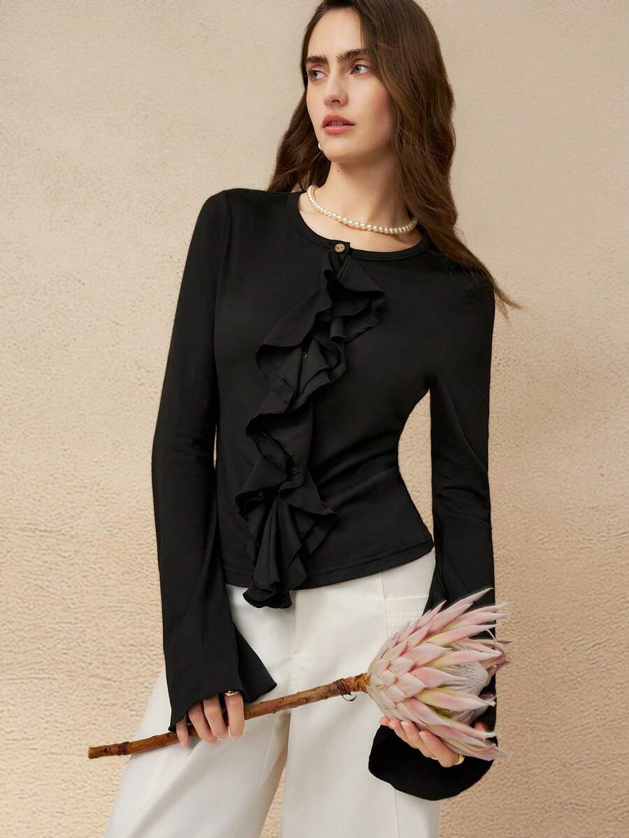 Cévolie 优雅法式黑色荷叶边喇叭袖上衣 - 黑色 - 查看 1