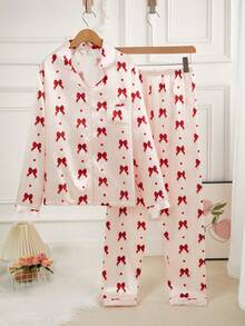 2pcs/Set Teen GirlElegant Plaid Satin Fabric Cardigan & Pants Casual Comfortable Pajamas - Pink - View 3