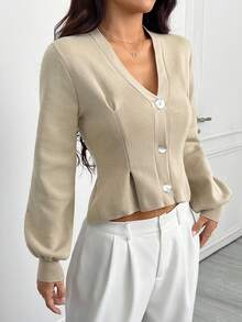 SHEIN PETITE Women's Light Brown Knit Sweater, Casual Elegant Version, Waist-Cinching Slimming, Suitable For Autumn/Winter Daily Wear,Thanksgiving - Brown - View 9