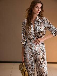 MOTF PREMIUM WOMEN'S SNAKESKIN PRINTED LONG SLEEVE SHIRT, AUTUMN/WINTER - Coffee Brown - View 1