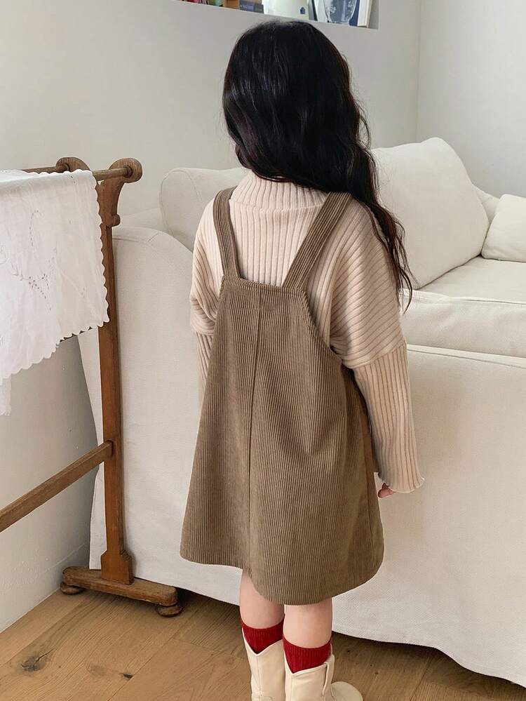 Young Girl Casual Everyday Commute School Style Letter Patchwork Pocket Corduroy Strap Dress, Autumn/Winter