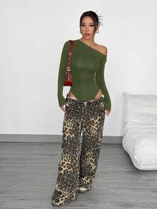 SHEIN EZwear 女款休閒純色不對稱領長袖修身綠色連身衣 - 軍綠色 - 查看 3