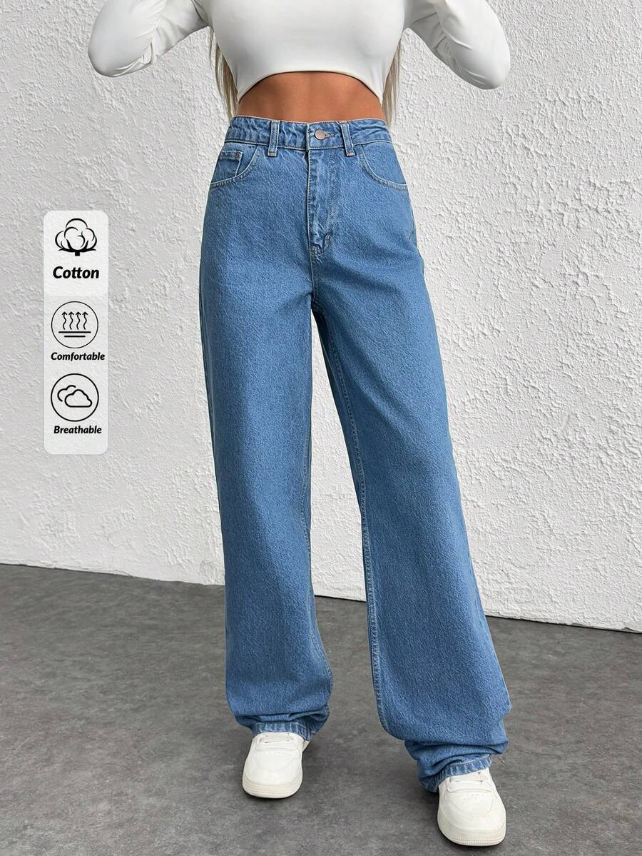 SHEIN Tall Snow Wash Straight Leg Jeans High Rise For Tall - Medium Wash - View 1