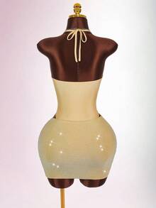 Amplova Conjunto de mono cómodo de color metálico y minifalda con brillo para mujer