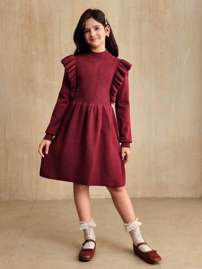 SHEIN Vestido de punto con cuello alto, volantes en el bajo y unicolor elegante para niña preadolescente, otoño/invierno