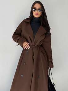Firerie Women's Khaki Lapel Faux Leather Sleeve Cinched Waist Double-Breasted Mid-Length Trench Coat, Long Sleeve Windbreaker, Spring/Autumn/Winter Clothing, Commuting, Elegant, Everyday, Work Wear,Women's Winter Clothes - Chocolate Brown - View 8