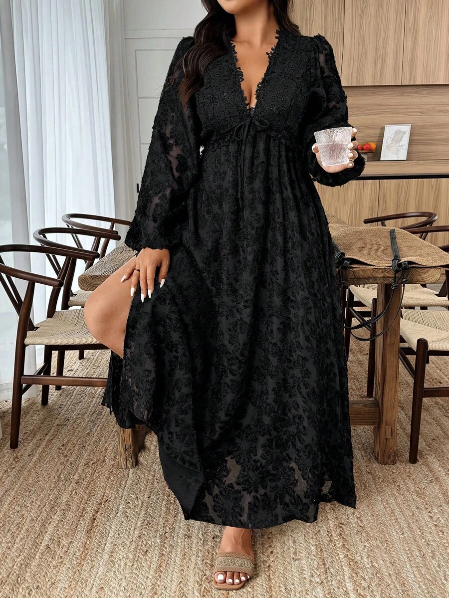 Weeklong Plus Size Women Jacquard Sheer Lace Patchwork Casual Long Dress, Suitable For Everyday Wear In Autumn/Winter