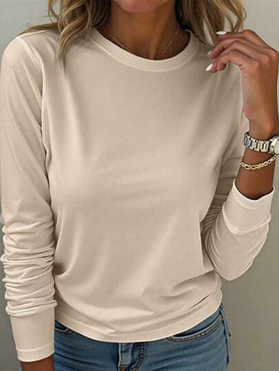 EMERY ROSE A Large-Sized Khaki Round-Neck Long-Sleeved T-Shirt, Comfortable And Versatile