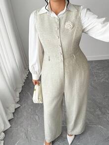SHEIN Elenzya Large-Sized Woven Commuter Style Autumn Jumpsuits - Apricot - View 3