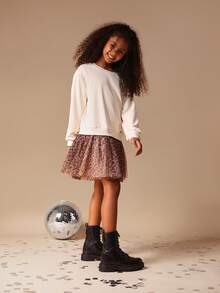 SUMWON 少女长袖圆领连衣裙，豹纹薄纱迷你裙，秋冬假日派对度假装扮 - 杏色 - 查看 4