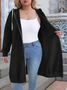 EMERY ROSE Sudadera con cremallera de unicolor de talla grande para mujer, sudadera casual con bolsillo para mujer en primavera/otoño, sudadera con cremallera de manga larga y corte holgado, sudadera con cremallera negra regular - Negro - Ver 9