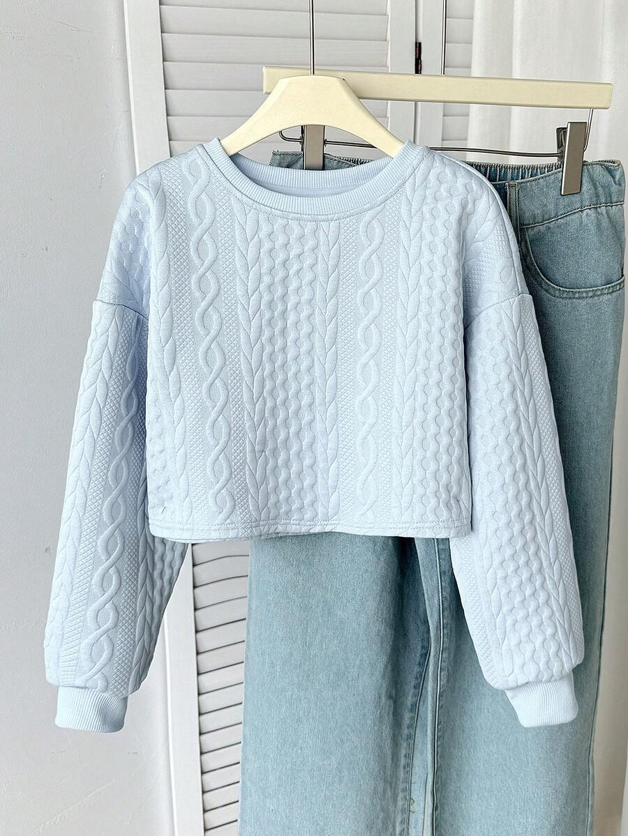 SHEIN Tween Girls' Casual Sporty Versatile All-Match Knit Cable Textured Crew Neck Cropped Loose Pullover Sweatshirt - Baby Blue - View 1