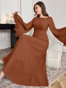 Modelyn Women's Elegant Waist Tie Flared Sleeve Ruffle Hem Dress - Brown - View 3