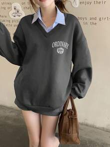 DAZY Women's Autumn/Winter 2 In 1 Drop Shoulder Fleece Patchwork Sweatshirt - Grey - View 5