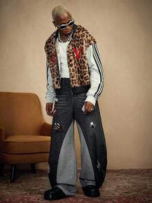 PAVTROS Quần Jeans Ống Rộng Rộng Họa Tiết Chắp Vá Thời Trang Đường Phố Cho Nam, Quần Jeans Baggy Họa Tiết, Dành Cho Giáng Sinh - màu đen - Xem 5