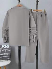 Vacaura 2pcs/Set Older Kids' Casual Gentleman Single-Breasted Grey Long Sleeve Shirt Paired With Elastic Waist Slant Pocket Casual Pants, Spring/Autumn