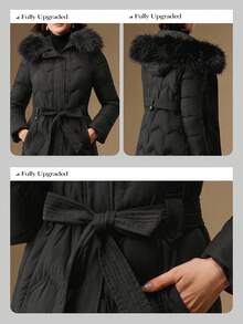 Anewsta 女士优雅绗缝收腰中长款连帽可拆卸毛领黑色拉链羽绒服，冬季 - 黑色 - 查看 10