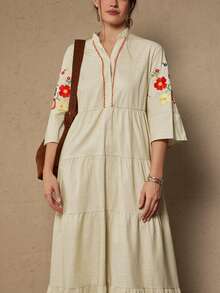 Freevana Robe bohème élégante et à manches 3/4 brodée pour femmes grandes tailles