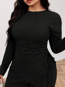 Modelyn Plus Size Women's Spring/Autumn Casual/Work Solid Color Long Sleeve Drawstring Ruched Asymmetrical Hem Fitted T-Shirt And Flare Leg Pants 2-Piece Set - Black - View 6