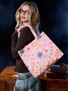 HARRY POTTER X SHEIN Túi Tote Họa Tiết Chần Bông, Túi Đeo Vai Y2K Màu Pastel Mềm Mại Dùng Đi Học & Hàng Ngày, Túi Xách Tay Cỡ Lớn Dễ Thương Thường Ngày - Hồng - Xem 2
