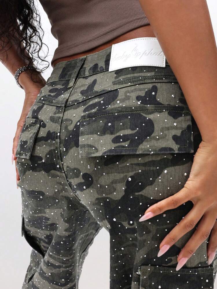BABYPHAT Baggy Cargo Camouflage Rhinestone Wide Leg High Waisted Fashion Denim Bottoms For Casual Street Style