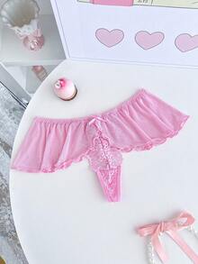 PetitDoll Bragas tipo tanga con encaje, parches y decoración de volantes y moño para mujer - Rosa - Ver 7