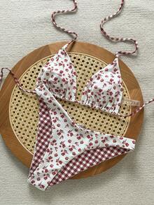 Swim Mod New Women's Summer 2-Piece Random Floral & Plaid Print Triangle Halter Bikini Top And Bottom Set, Beach Vacation Swimwear