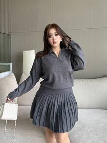 Vibekara 秋冬新款大码女针织休闲纯色刺绣翻领简约长袖毛衣上衣和裙子套装，百搭 - 灰色 - 查看 4