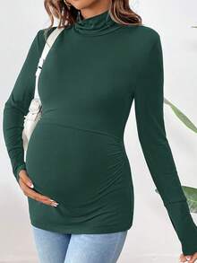 SHEIN 纯色高领褶皱长袖哺乳上衣孕妇T恤 - 墨綠色 - 查看 4